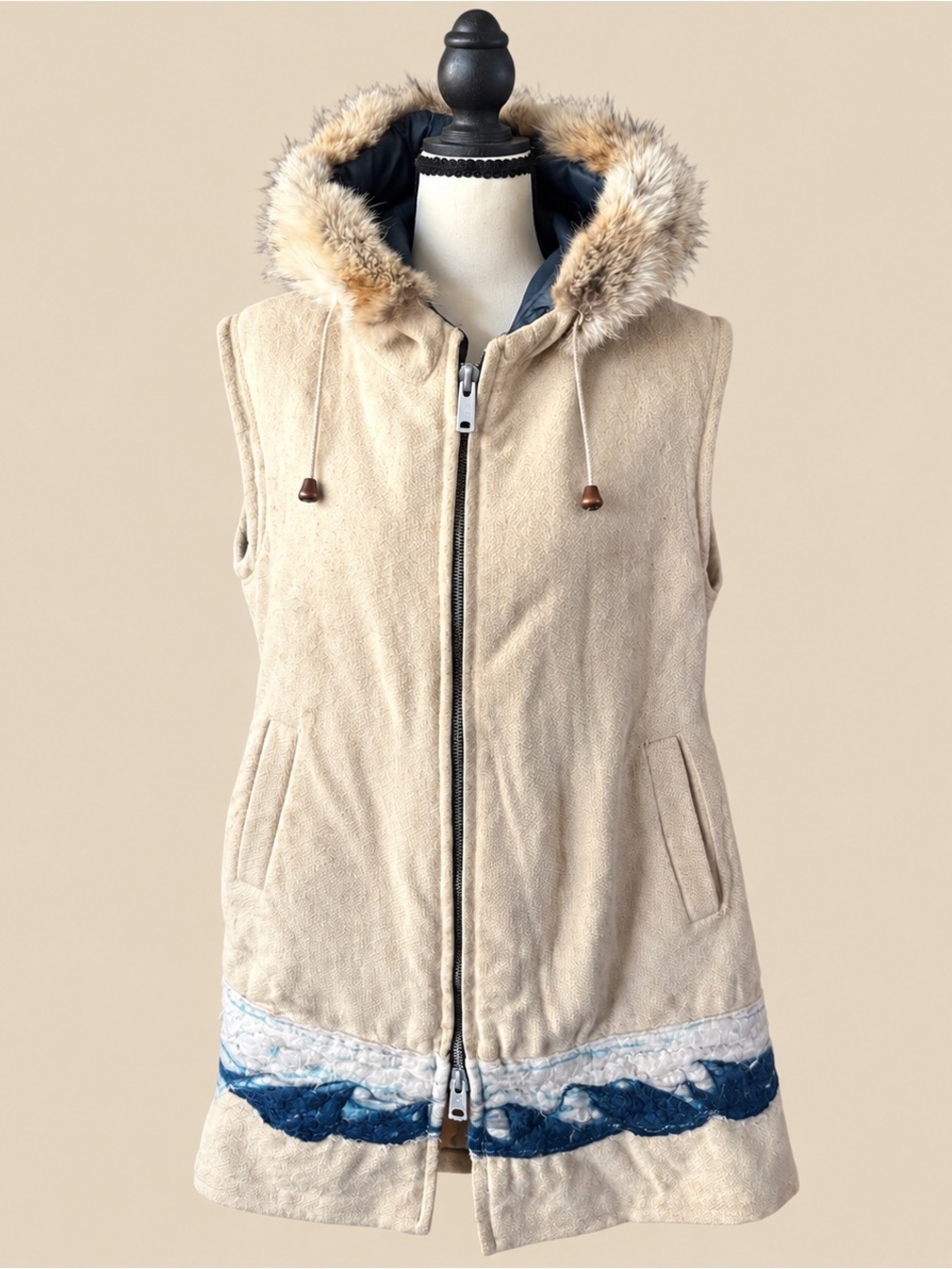 70s Vintage Fur Trim Hooded Vest Cream Textured Longline Wave Detail M